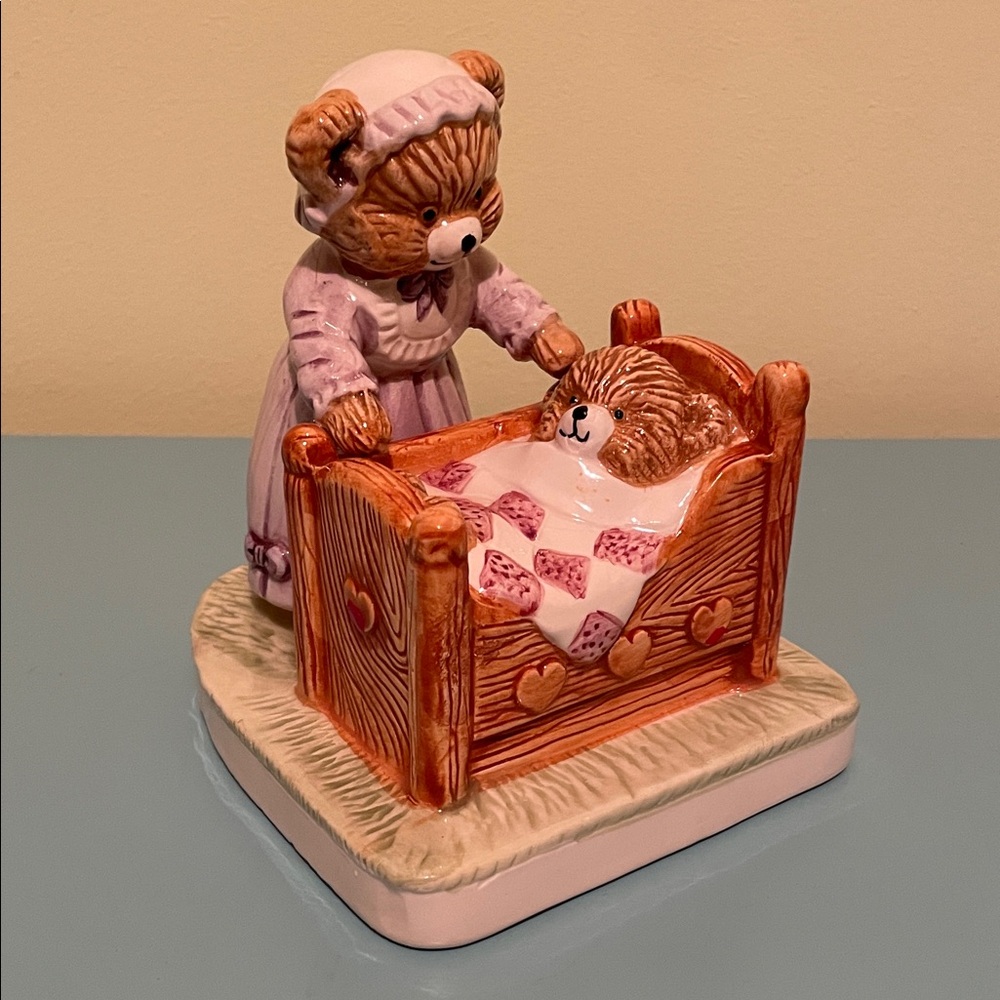 Vintage Leonardo Figurine - Ceramic Teddy Bear Mom Tucking Baby in Bed